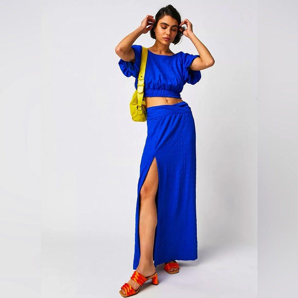 FREE PEOPLE 2pc Mazarine Blue TOVAH Flutter Sleeve/Maxi Skirt Set NWT